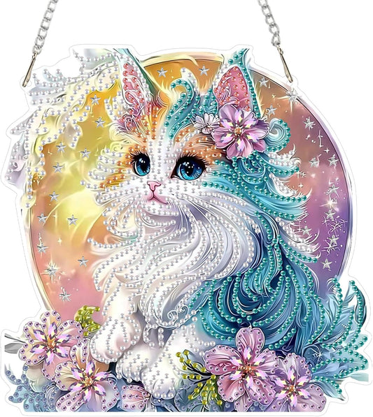 SENQAO Cat Diamond Art Hanging Kit for Adult, Special Shaped Rhinestone, Double Sided DIY Acrylic Diamond Art Painting Window Pendants Home Garden Wall Hanging Kits Hanging Ornament