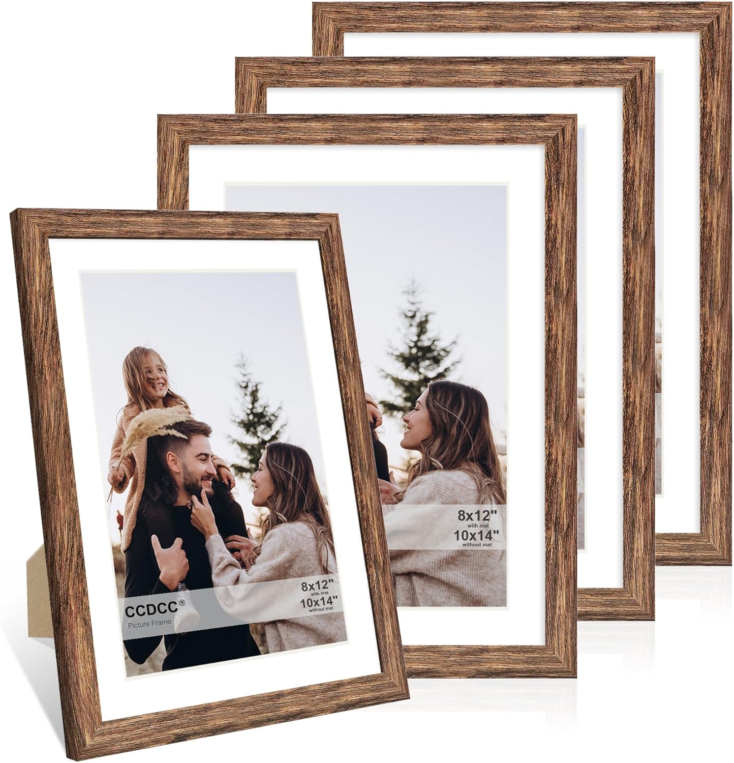 10x14 Picture Frame Set of 4, 10 x 14 Wood Photo Frames with Mat for 8x12 or 30x40cm Diamond Painting Art, Wooden Frame with Real Glass Cover for Wall and Tabletop Display,Rustic Brown
