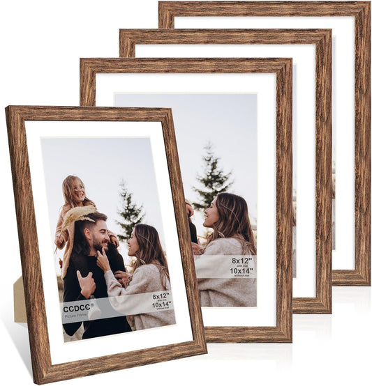 10x14 Picture Frame Set of 4, 10 x 14 Wood Photo Frames with Mat for 8x12 or 30x40cm Diamond Painting Art, Wooden Frame with Real Glass Cover for Wall and Tabletop Display,Rustic Brown