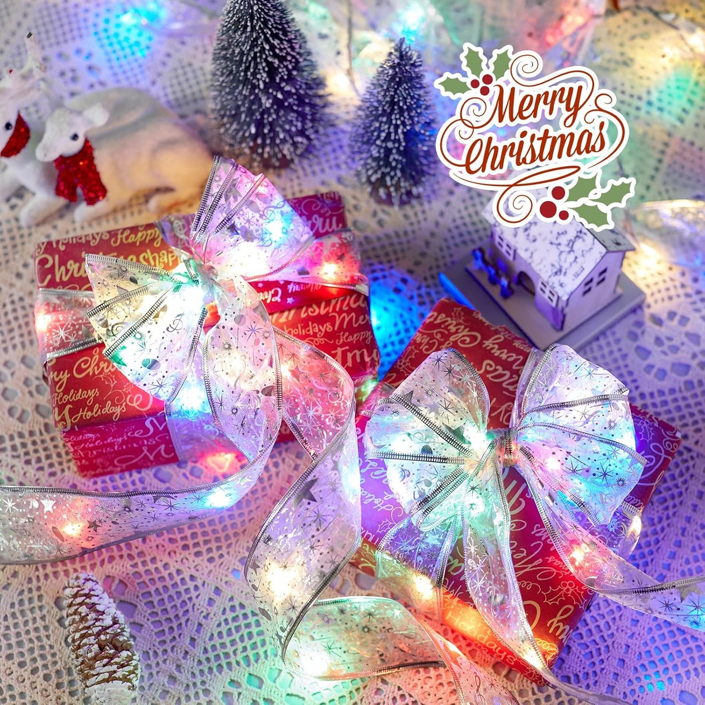 2 Pack Christmas Tree Ribbon String Lights - 33ft 100 LED Battery Powered Fairy Lights with Timer and 8 Lighting Modes, Ribbon Bows Light for 6ft - 8ft Christmas Tree Decor, Silver Ribbon, Multi-color