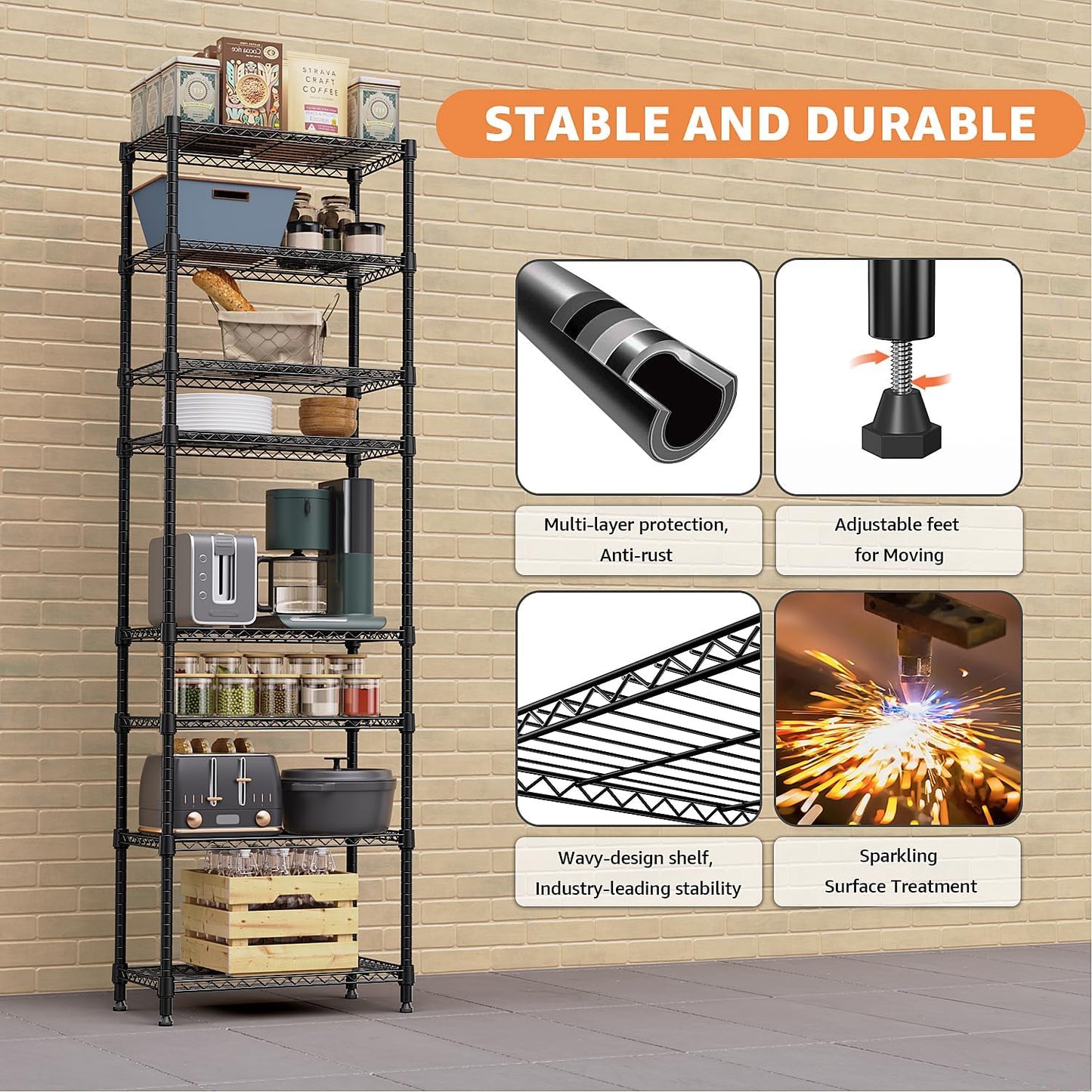 8 Tier 2000 lbs Storage Rack Metal Wire Shelving Unit, Storage Standing Shelf Organizer for Laundry Bathroom Kitchen Pantry Closet Garage Basement Utility Room, Black 13.8" D x 23.6" W x 79.5" H