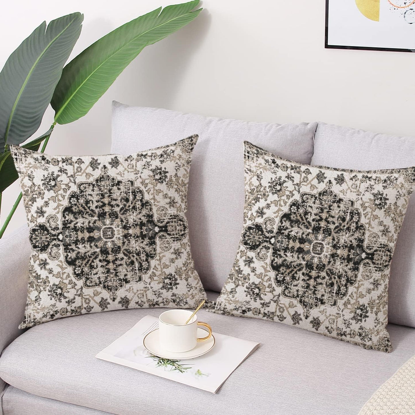 Outdoor Waterproof Pillow Covers - 18x18 Inch Set of 2 Bohemian Vintage Carpet Pattern Pillow Covers in Black & Grey Ethnic Design for Decorative Farmhouse, Couch, Garden, Balcony