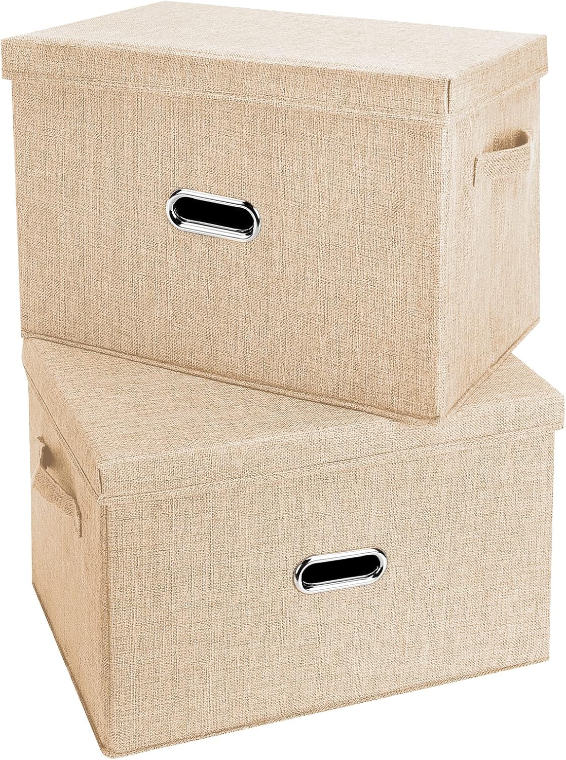 Large Linen Fabric Foldable Storage Bins with Removable Lid and Handles, Washable Storage Box Organizer Containers Baskets Cube with Cover for Bedroom,Closet,Office (Khaki, XXL(2-Pack))