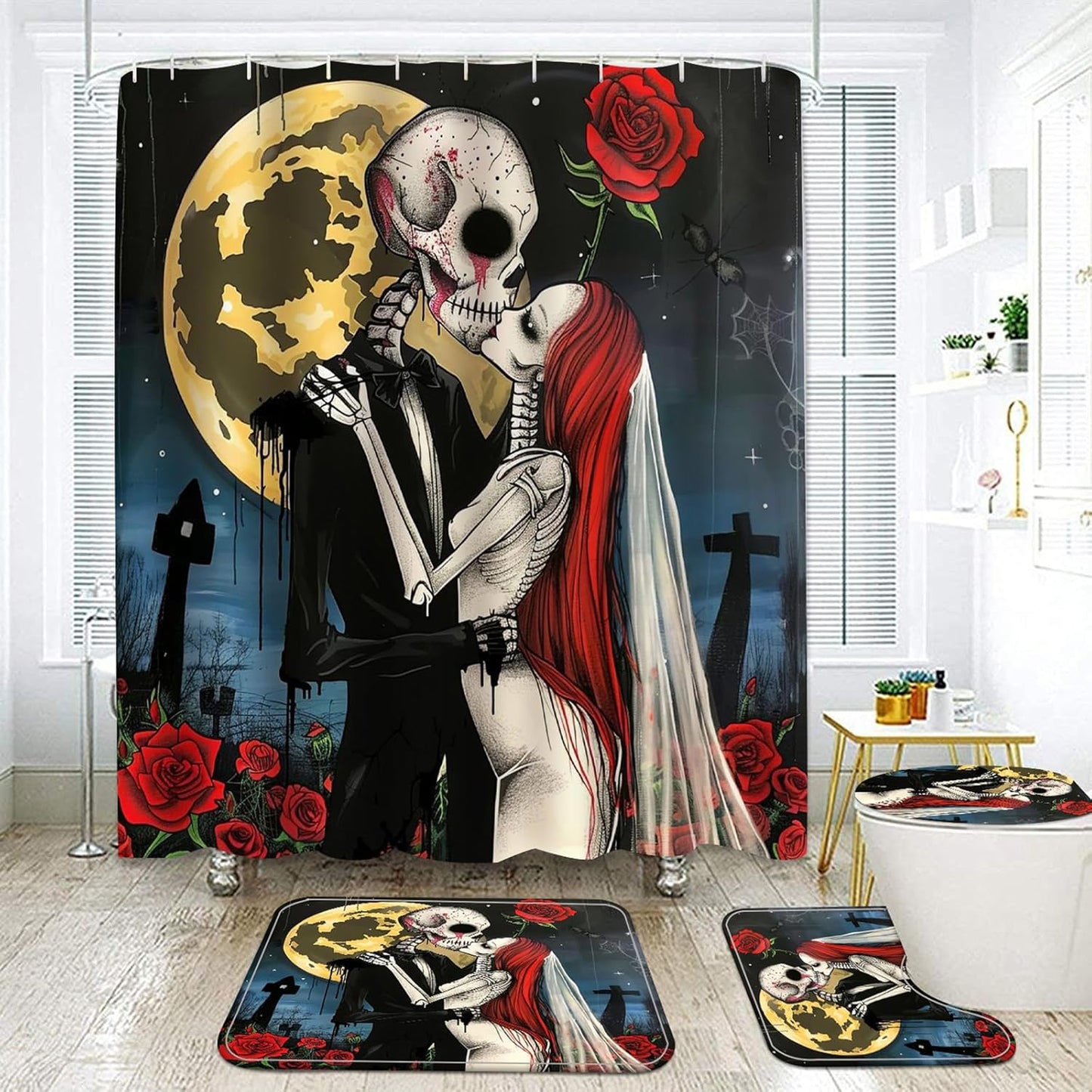 NEWSUYAA Halloween Decorations Shower Curtain Set with Non-Slip Rugs and Bath Mats,Black Skull Skeleton Bathtub Curtains with 12 Hooks,All Saints'Day (Nov 1st) Bathroom Decor