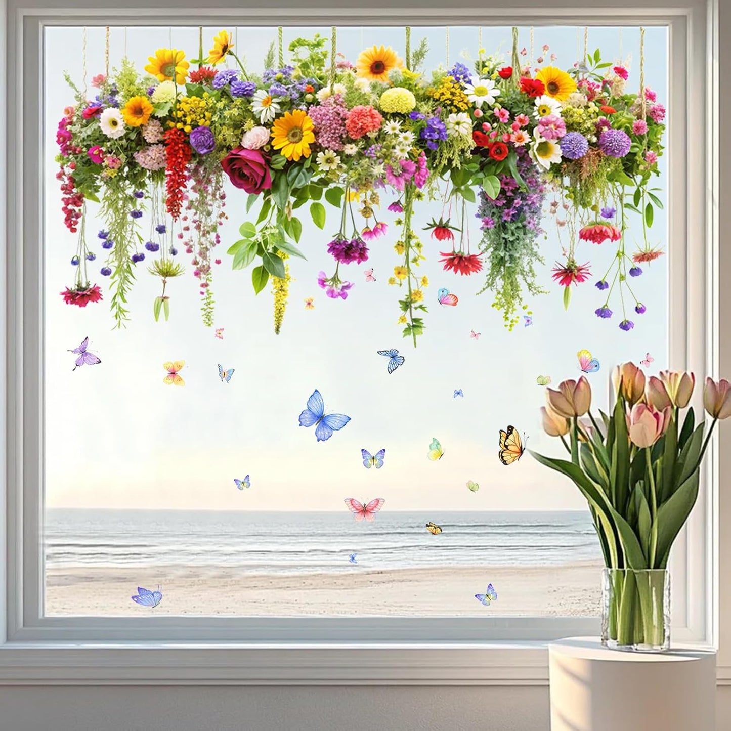 2 Set Colorful Floral Bouquet Window Stickers, Flower Butterfly Window Clings for Glass Windows,Floral Windows Film, Window Decals for Home Kitchen Bathroom Office Decoration