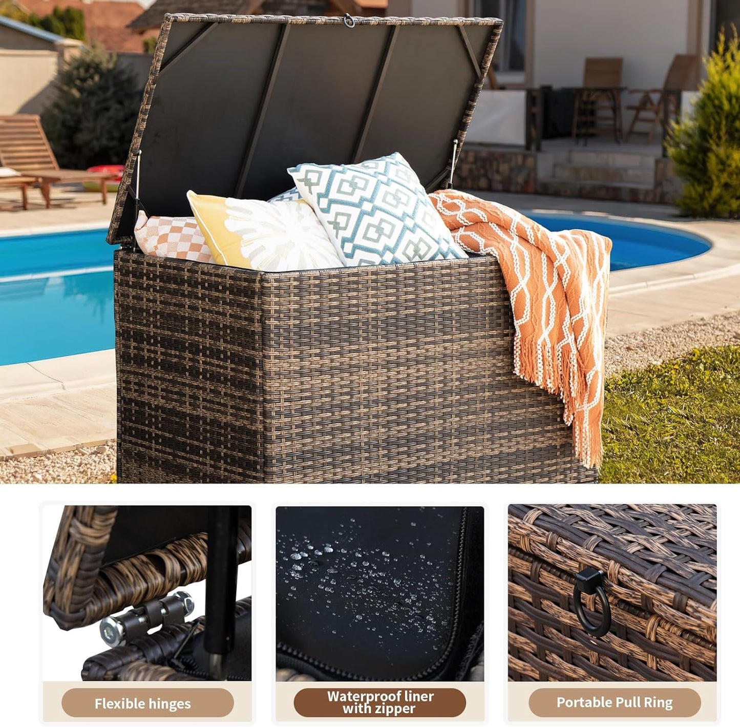 178 Gallon Outdoor Storage Box, Handle Large Portable Wicker Rattan Deck Box for Patio Furniture Cushions, Patio Deck Box with 2 WheelsThrow Pillows, Garden Tools and Pool Floats (Brown)