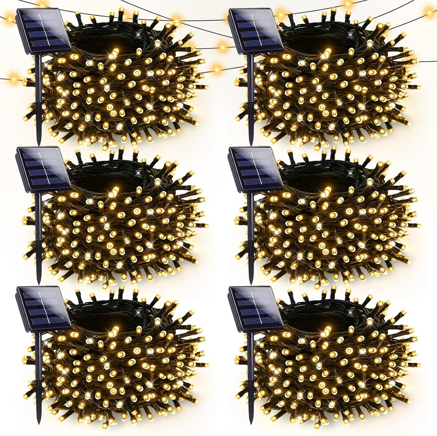 6 Pack Solar Christmas Lights Outdoor Waterproof, 600 LED 198 FT Solar Powered String Lights Outdoor with Green Wire 8 Lighting Modes, Mini LED Xmas Tree Light for Fence Party Decorations, Warm White