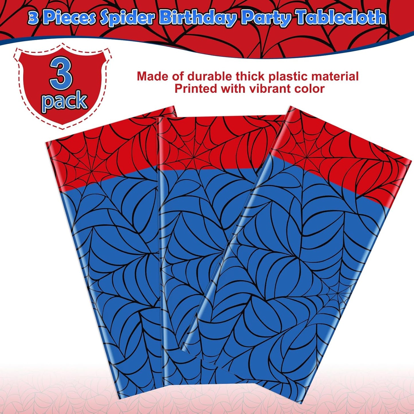 3Pcs Spider Web Themed Birthday Party Tablecloth Decorations,Blue Hero Plastic Table Cover with Red Runner Disposable Rectangle Table Cloth for Baby Shower Kids Boy Birthday Party Supplies,54x108 Inch