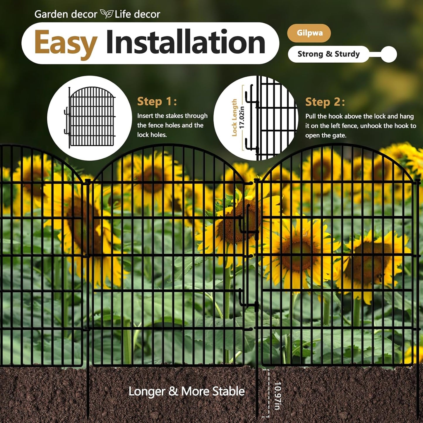 10 Panels Decorative Garden Fence with Lock, 40in (H) X 21.92ft (L) No Dig Dog Fences Outdoor for Yard, Rustproof Tall Animal Barrier Fencing, Metal Panels Suitable for Yards Border, Patio Use