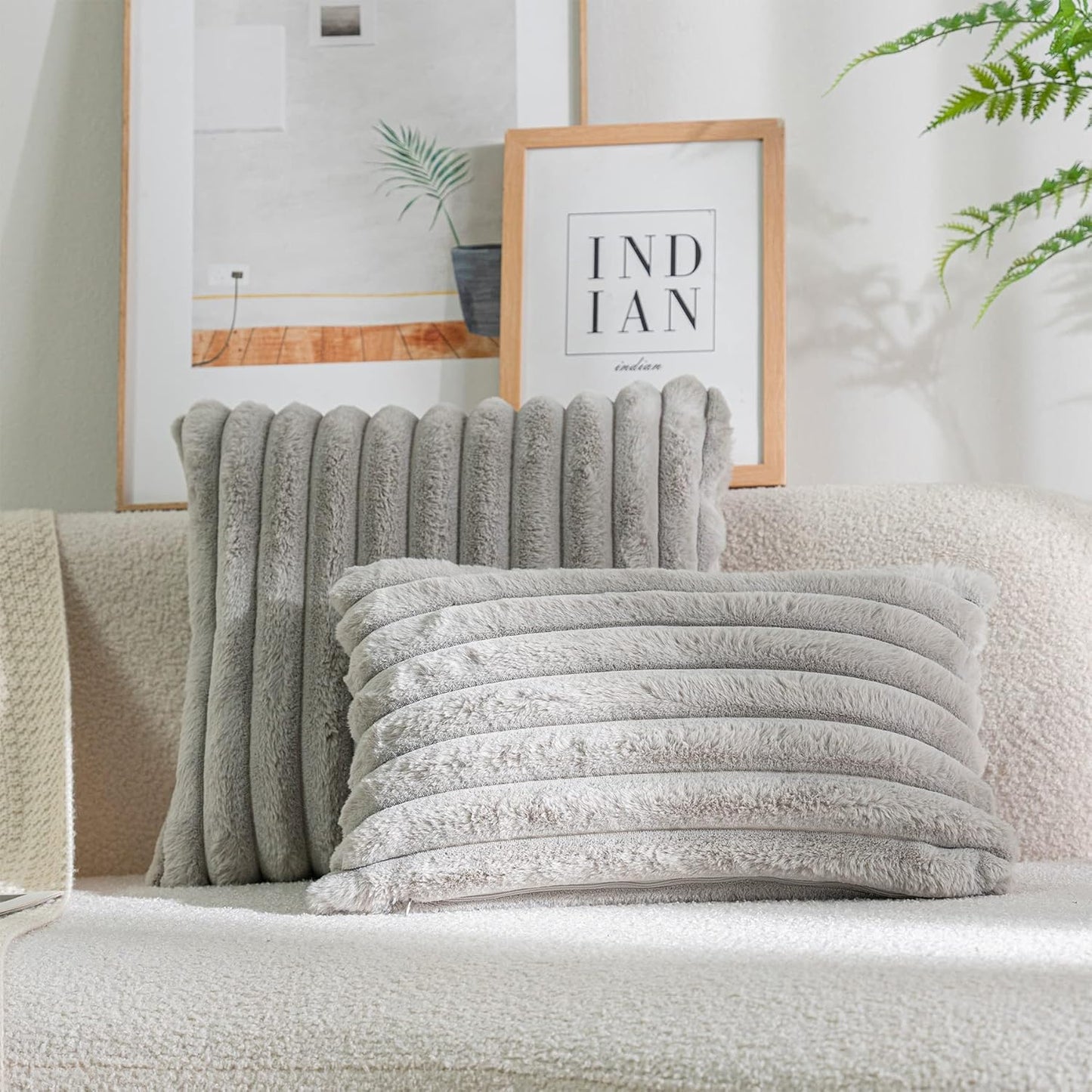 DEELAND Pack of 2,Double-Sided Faux Fur Plush Decorative Throw Pillow Covers Fuzzy Striped Soft Pillowcase Cushion Covers for Sofa Couch Bedroom Lightgrey 22x22 inch