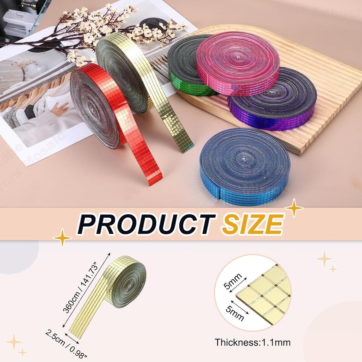 PATIKIL 5x5mm Self Adhesive Mirrors Mosaic Tiles, 3600 Pcs Square Mini Glass Mosaic Disco Tile Sticker for DIY Craft Disco Ball Party Decoration, Gold Tone