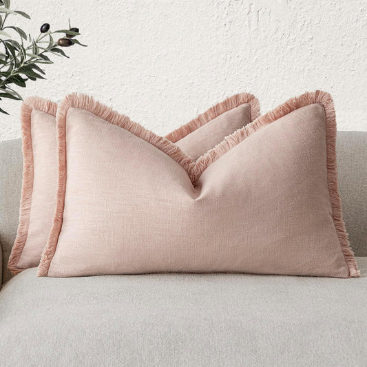 Foindtower Set of 2 Decorative Linen Fringe Throw Pillow Covers Farmhouse Cushion Cover with Tassels Lumbar Accent Pillowcase for Bed Couch Sofa Living Room Home Bedroom Decor,12×24 Inch,Light Pink