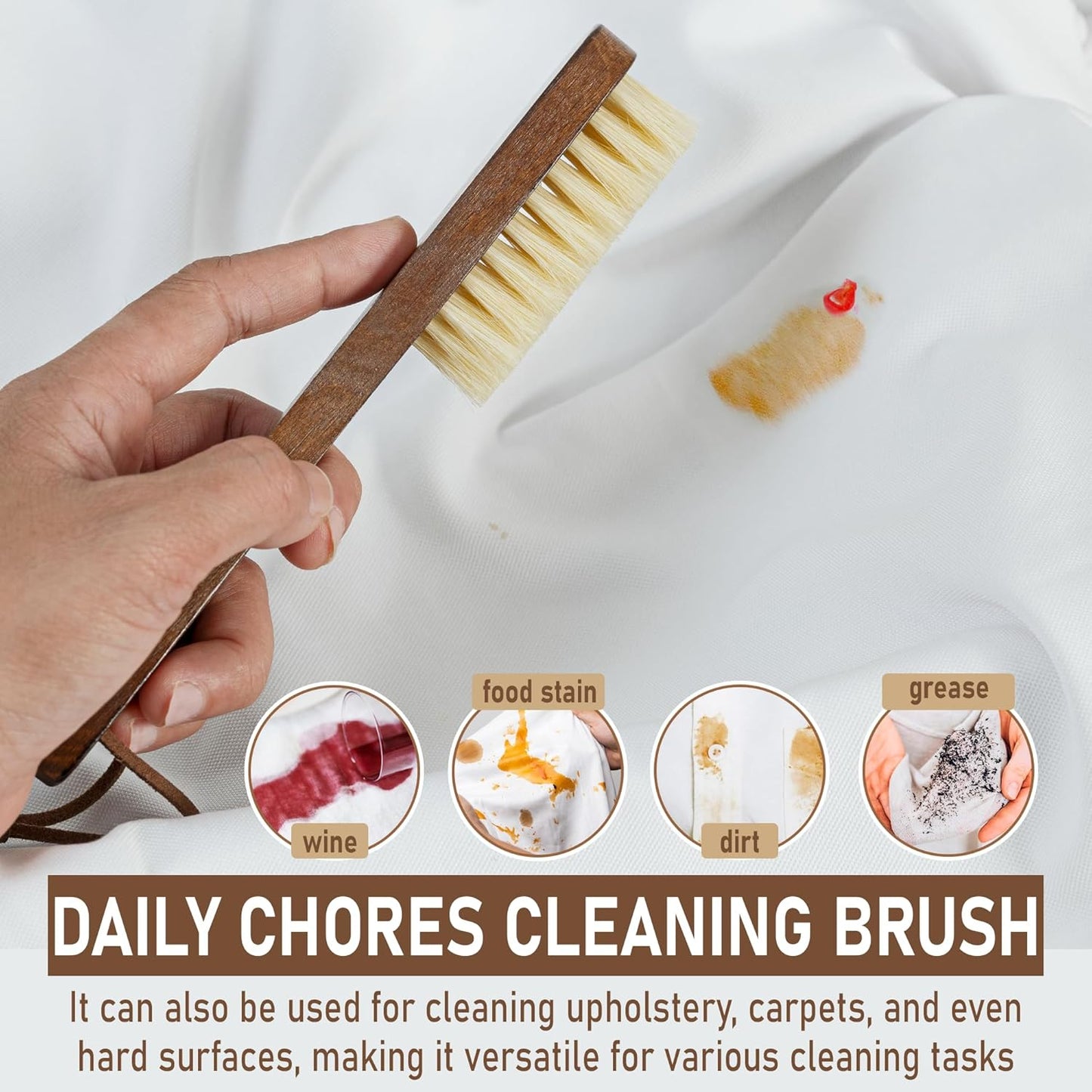 Takavu White Boar Bristle Laundry Stain Brush Set (2 Pack) - Small Spot Cleaner Scrubber for Clothes, Fabric Pre-Wash Treatment, Delicate Garment Care