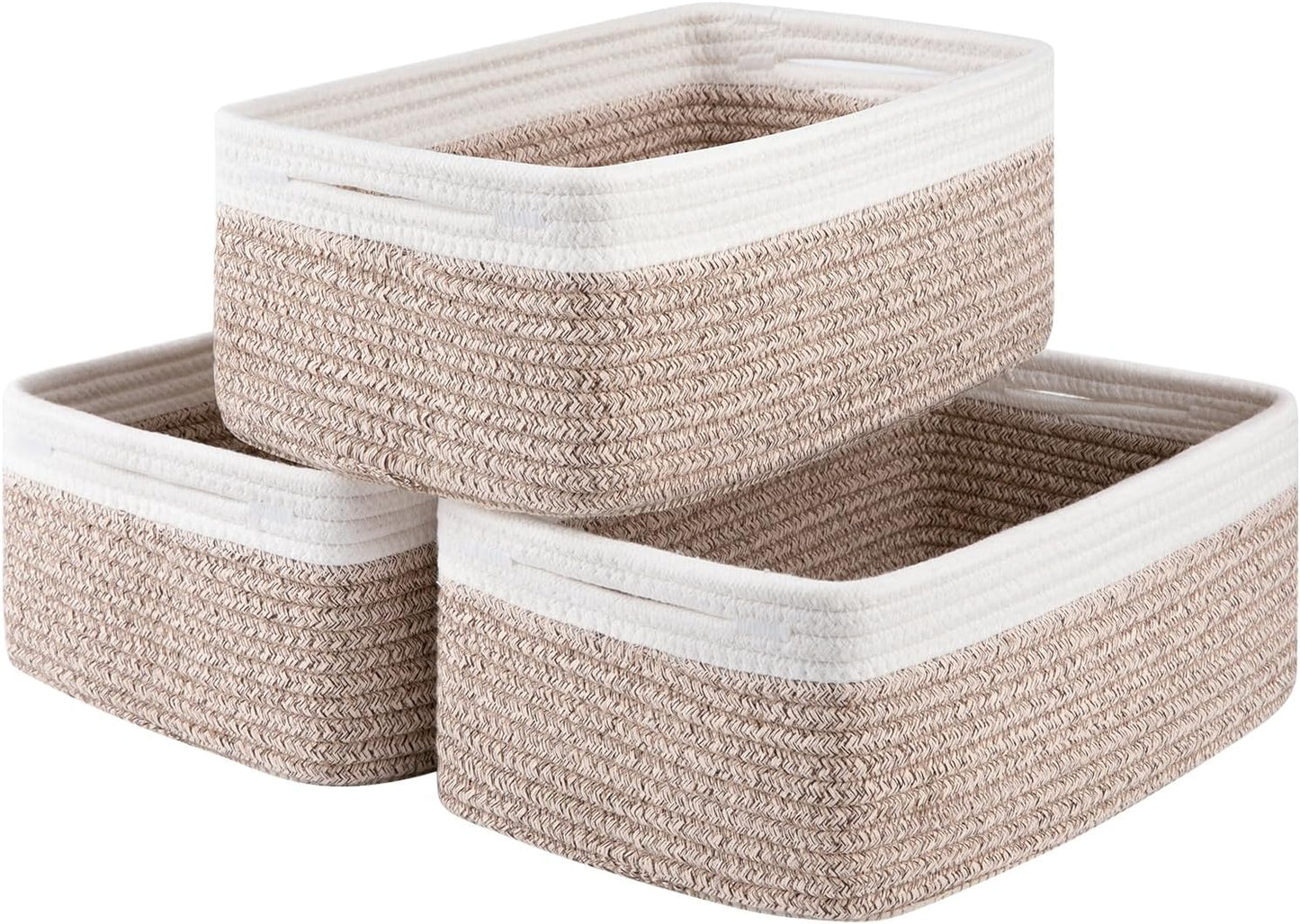3 Pack Small Storage Baskets for Organizing, Cute Woven Decorative Gift Baskets for Shelves, Mini Closet Organizer Bins with Handles, 11.81''Lx7.87''Wx4.72''H-Brown and White
