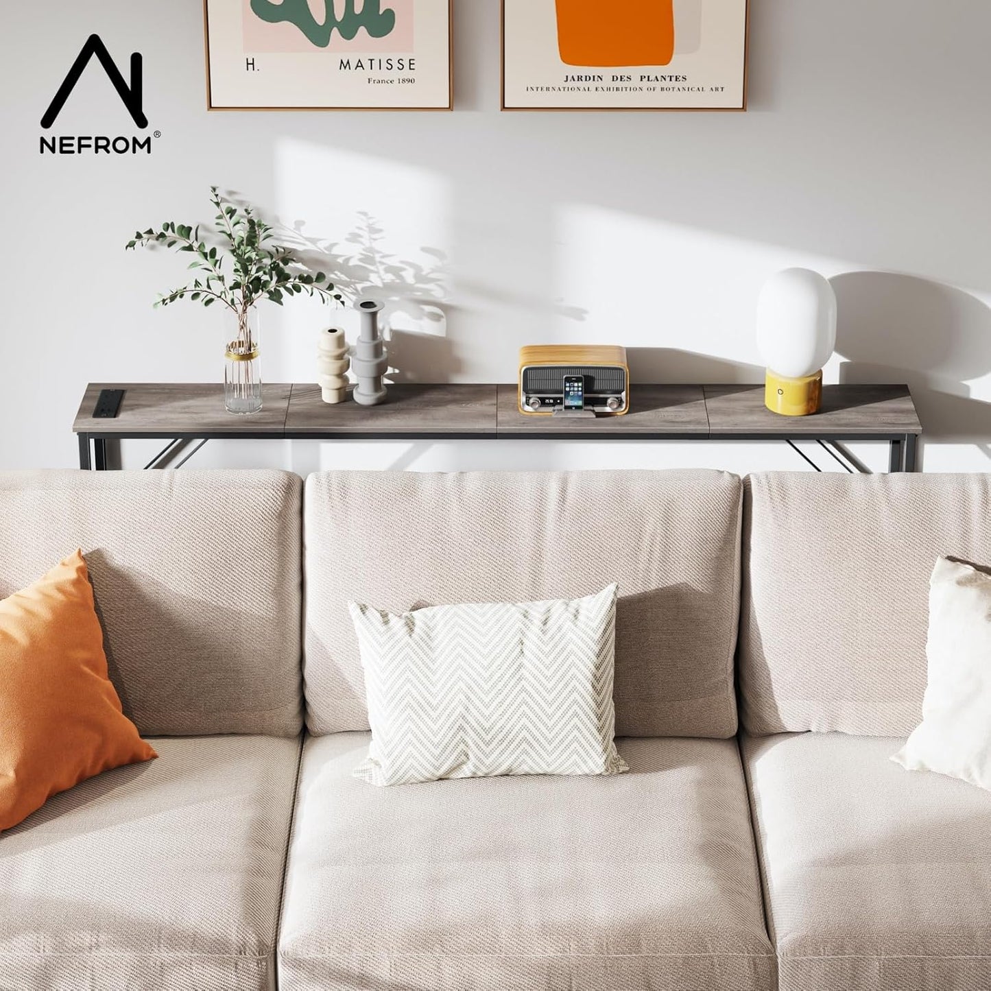 63'' Console Table, Skinny Entryway Table with Fast-Charging Station, Narrow Long Sofa Table, Behind Slim Couch Table for Entrance, Hallway, Living Room Decor ST-GY160-1