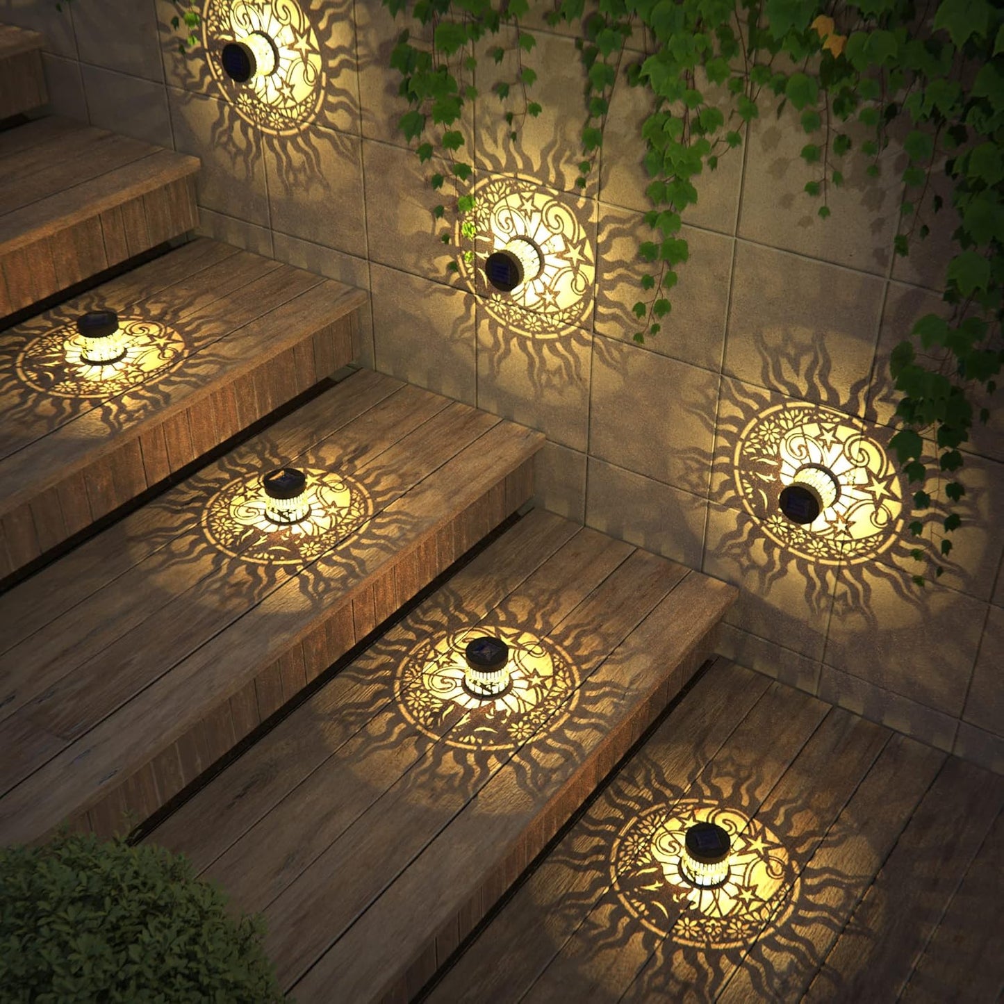 4 Pack Solar Fence Lights Metal Solar Powered Outdoor Wall Deck Lights Sun Moon Theme Waterproof Fence Light for Garden Post Patio Backyard Yard Decor (Face, 4 Pack)