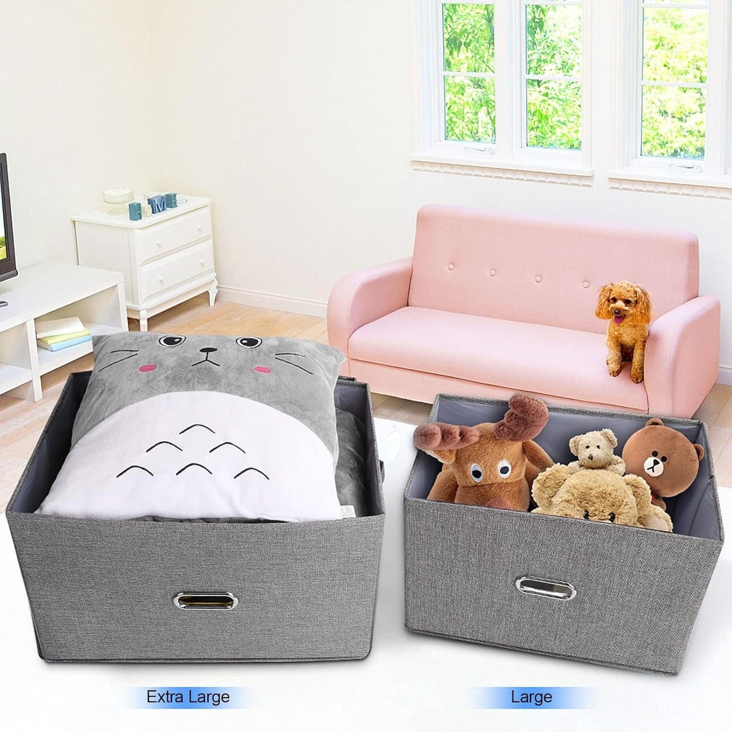 Large Linen Fabric Foldable Storage Bins with Removable Lid and Handles, Washable Storage Box Organizer Containers Baskets Cube with Cover for Bedroom,Office(Black, Large)