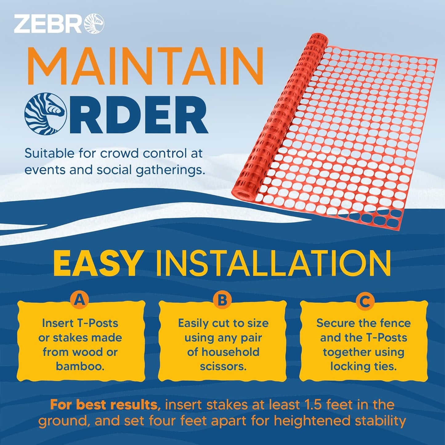 ZEBRO 4' x 100' Orange Plastic Garden Fence Roll – Standard Duty Safety Netting for Snow, Poultry, Deer, Dogs – Reusable Outdoor Barrier for Yard, Landscaping, Animal Protection