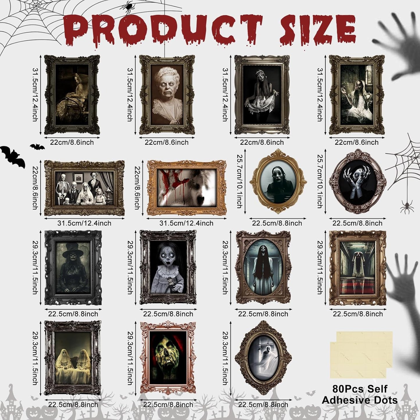 15 Halloween Gothic Mansion Haunted Horror Picture Frames, Waterproof Durable, with 80pcs Self Adhesive Dots, Photo Decorations For Haunted Home Family Castle Masquerade Party 2025 Color