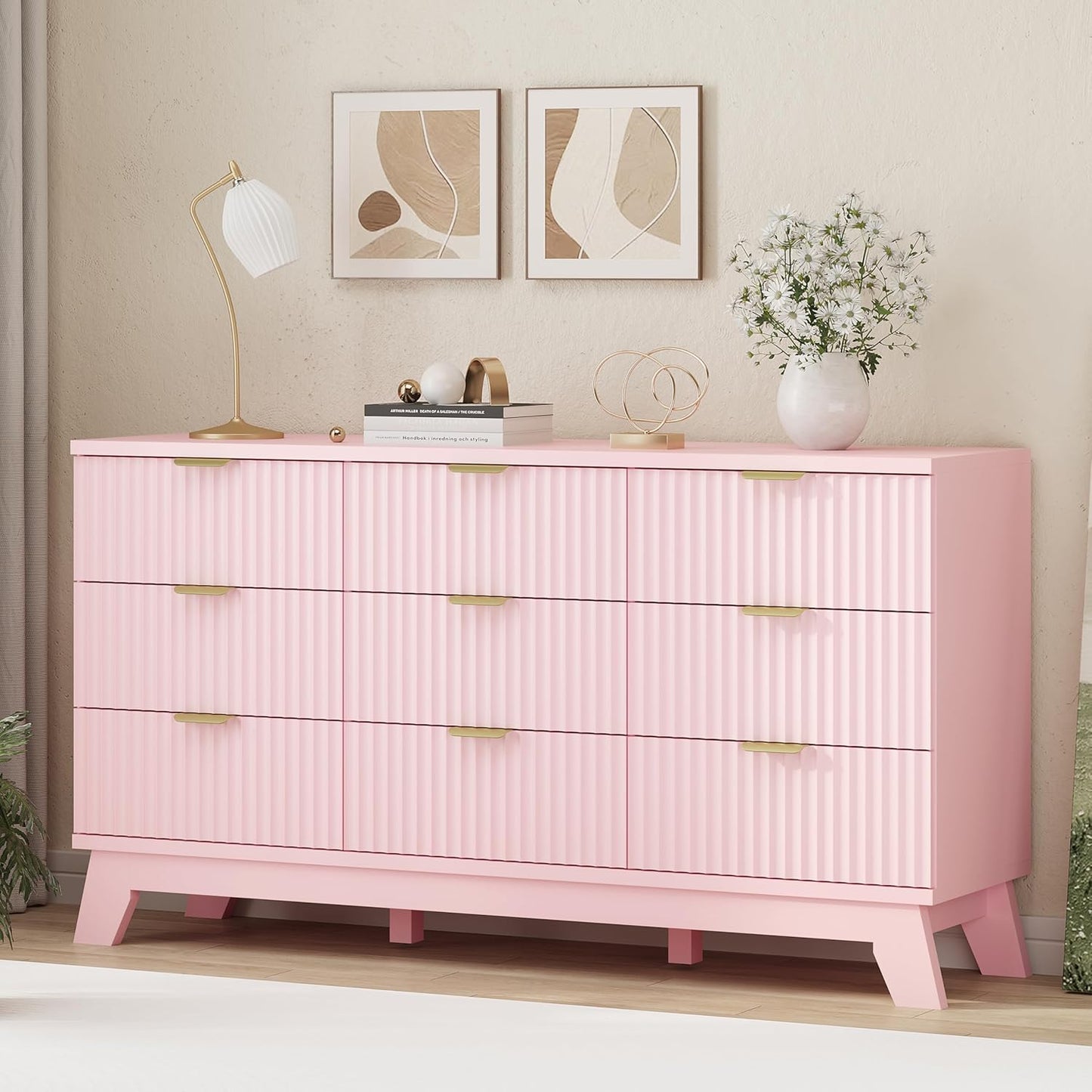 Fluted Dresser for Bedroom with 9 Drawers, 57" Wide Modern Chest of Drawers with Metal Handle, Wooden Dresser TV Stand, Wood Closet Clothes Storage Organizer for Living Room, Hallway, Pink