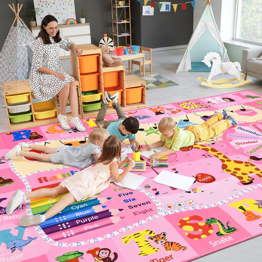 Kids Rugs for Playroom Bedroom Classroom Nursery, Non-Slip and Washable Rugs for Children Toddlers Girls, Educational and Fun Rug Carpets with ABC Alphabet Animals Shapes, 6x9, Pink