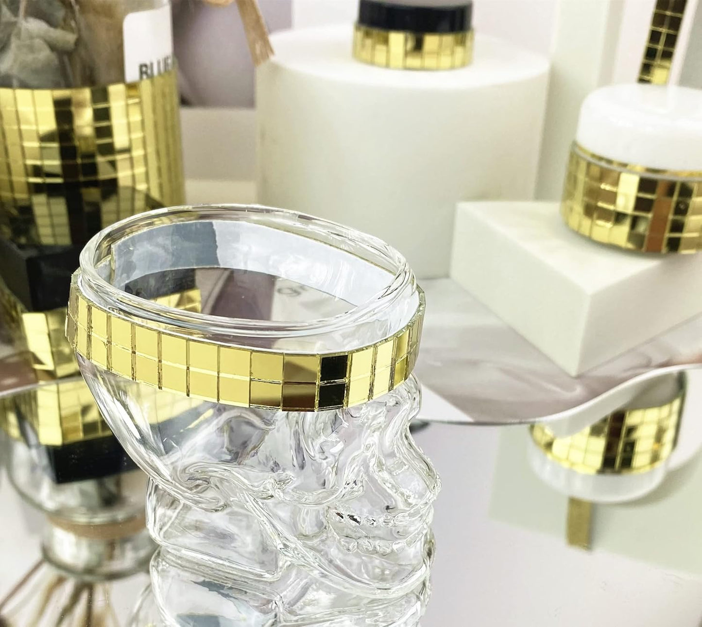 REDODEDO 2400pcs Real Glass Rose Gold Mirrors Mosaic Tiles Sticker for Craft Square Glass Tiles Self Adhesive,5mm by 5mm (Gold)