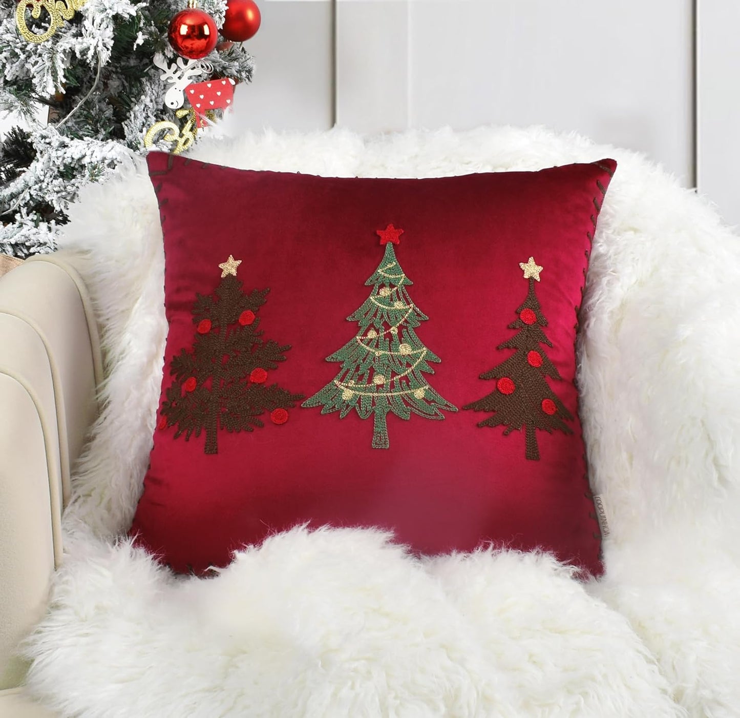 Christmas Pillow Covers 18x18 Inch - Red Embroidered Tree Throw Pillows for Holiday Decorations - Cushions for Couch, Sofa, Bed, Living Room, Bedroom
