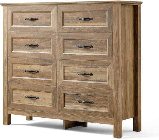 LINSY HOME Farmhouse 8 Drawers Dresser Chests for Bedroom, Wood Dresser Wide Chest of Drawers, Storage Dressers Organizer for Bedroom, Living Room,Hallway, SGS Certified