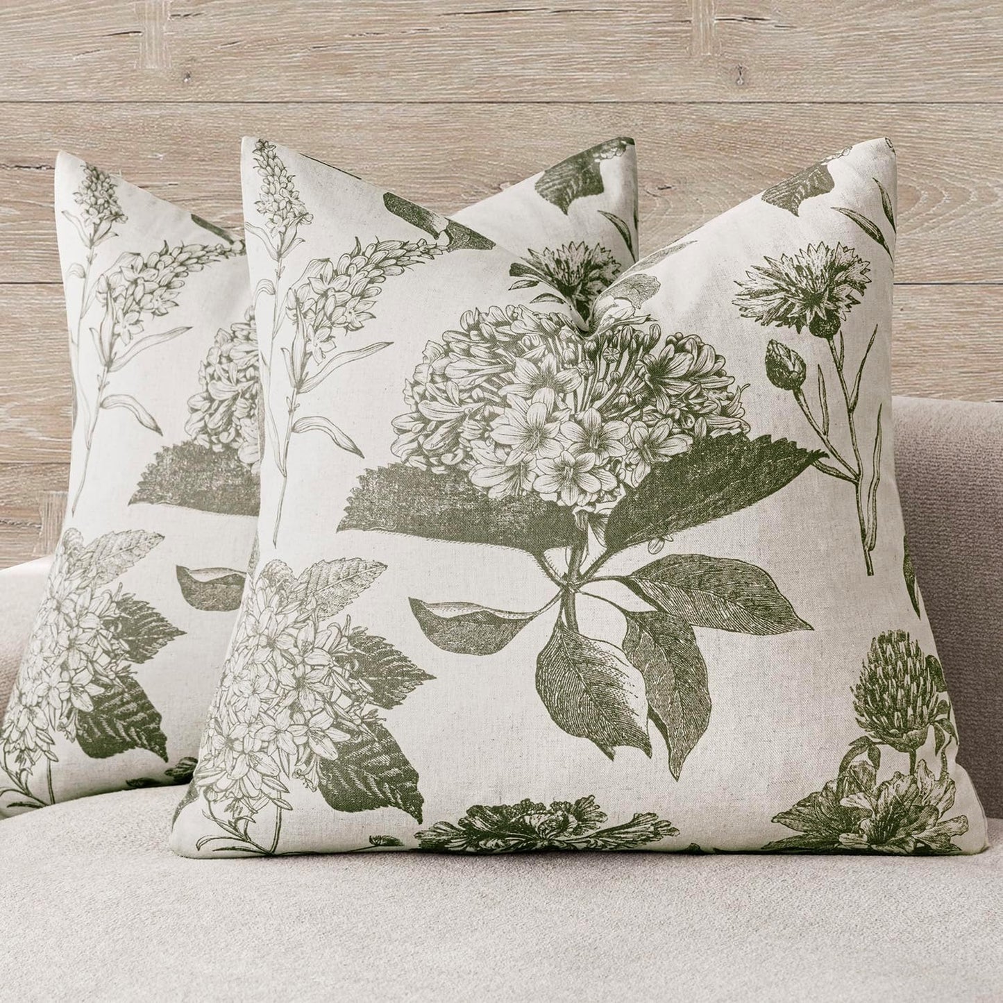 Foindtower Set of 2 Linen Floral Throw Pillow Covers Neutral Vintage Print Decorative Cushion Covers Farmhouse Boho Home Decor for Sofa Chair Couch Bedroom Living Room Outdoor,24×24 Inch,Sage Green