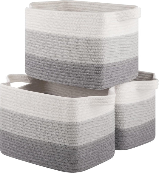 Storage Basket for Organizing, Woven Baskets for Storage, Rectangle Decorative Baskets for Shleves, Closet, Toys, Books, Nursery Organizer Bins - Pack of 3 (Gradient Gray)