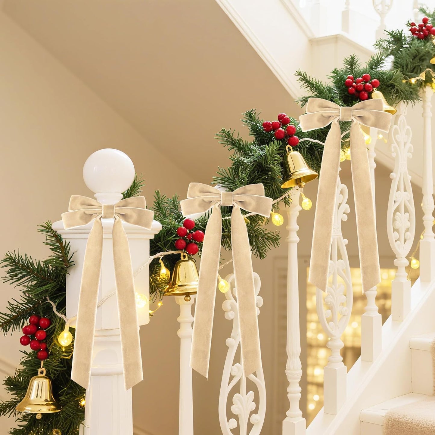 Senjie Velvet Large Christmas Bows for Staircase Garland Wreath, 20in x 8in Vintage Ribbon Bows with Twist Tie for Xmas Tree Holiday Indoor Outdoor Decorations (6Pcs, Khaki)