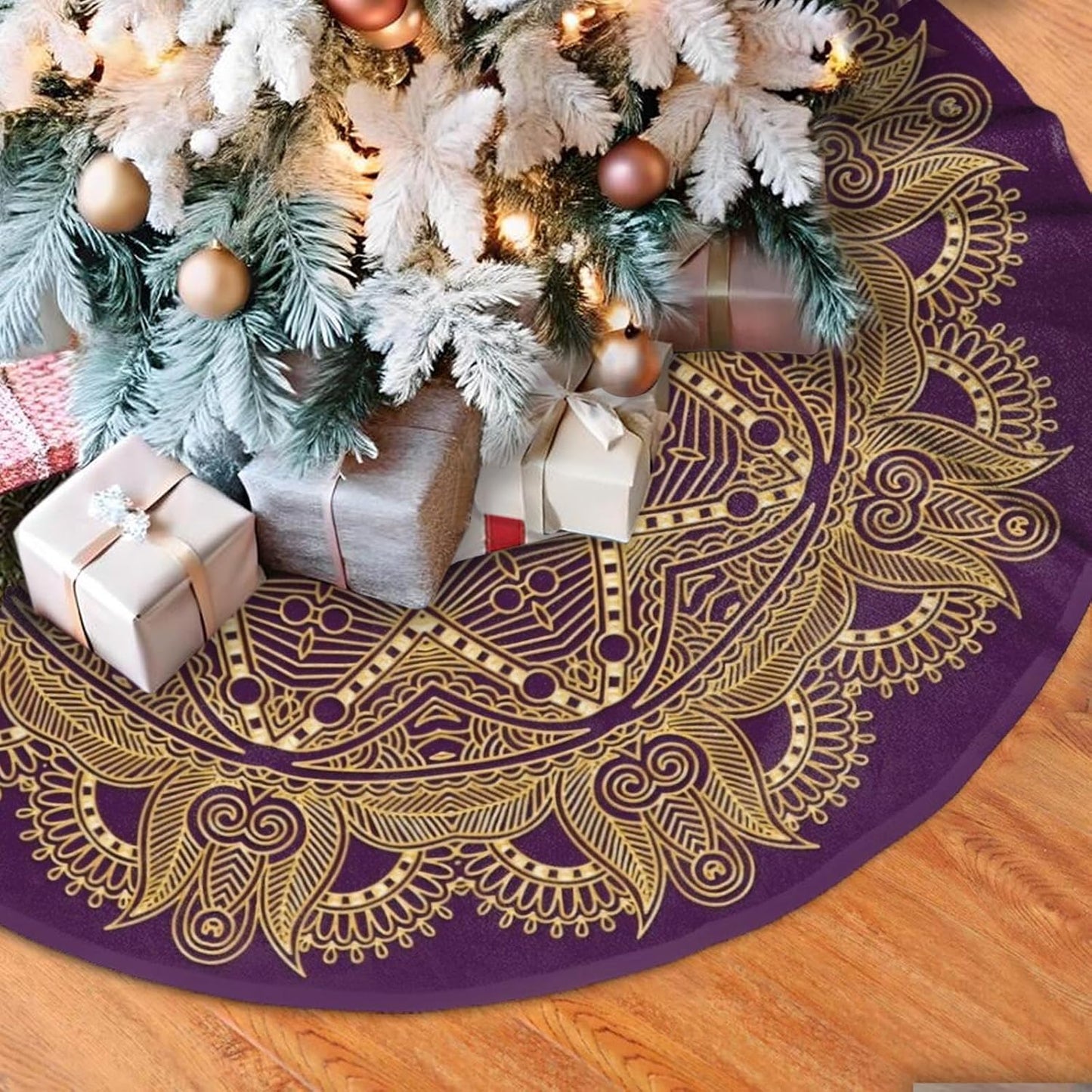 36" Dark Amethyst Purple Mandala Star Christmas Tree Skirt Tree Mat Base Cover for Xmas Festive Holiday Party Decoration Ornaments