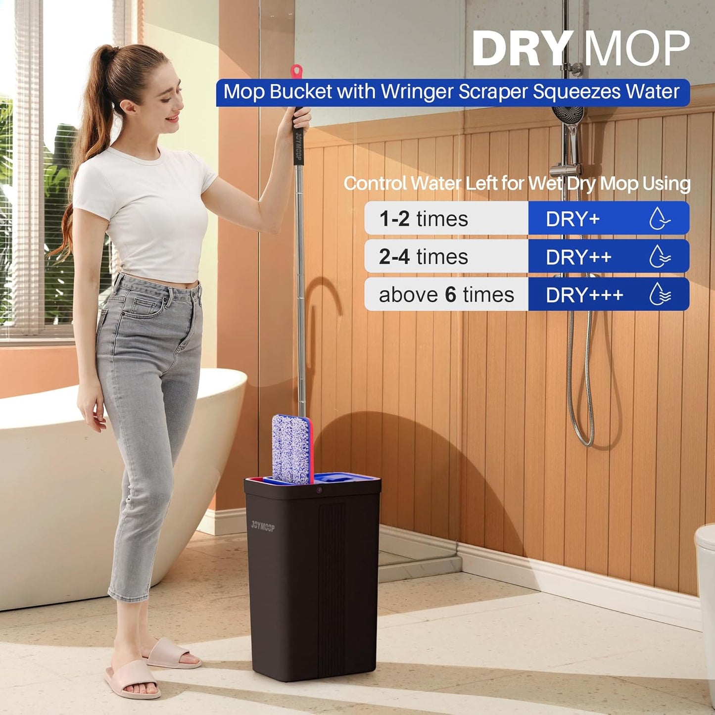 JOYMOOP Mop and Bucket with Wringer Set, Hands Free Flat Floor Mop and Bucket, with 4 Washable Microfiber Pads, Wet and Dry Use, Floor Cleaning System - Black+Red+Slate Blue