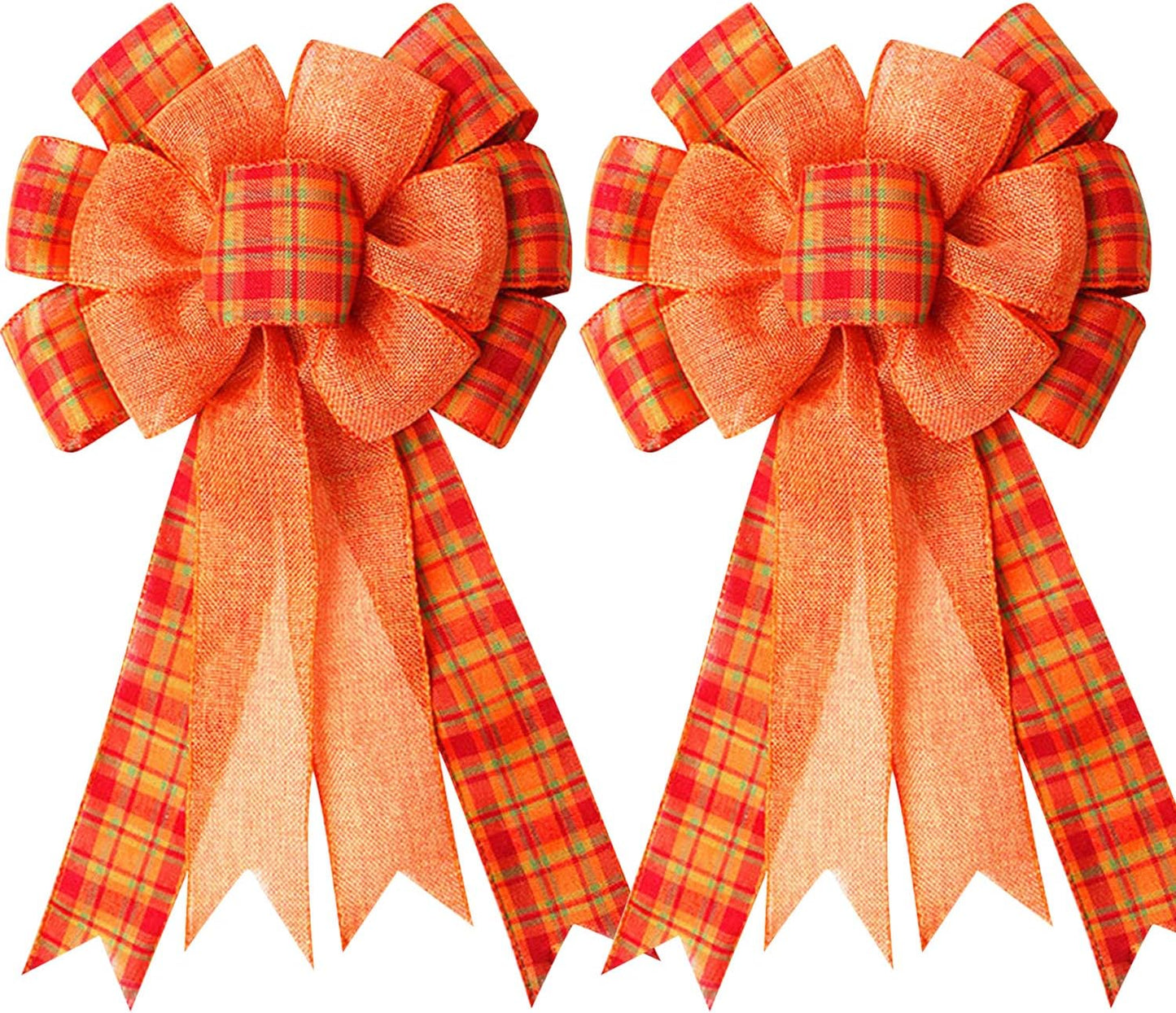 Iceyyyy Extra Large Fall Wreath Gift Bow -18.8x10.6inch Orange Buffalo Plaid Check Wreath Bow Swag Bow Thanksgiving Wreath Pre-Tied Bow For Fall, Thanksgiving, Christmas, Home Indoor Outdoor Ornaments