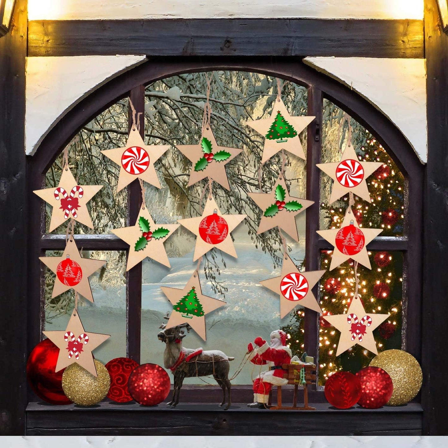 Blulu 100 Pieces Christmas Wooden Ornaments Star Round Wood Slices Wood Snowflake Angel Shape Christmas Tree Hanging Embellishments with 100 Pieces Cords (Style 2)