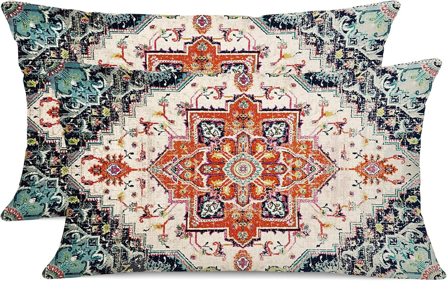 Outdoor Waterproof Pillow Covers - 12 x 20 Inch Set of 2, Orange Bohemian Vintage Carpet Pattern, Ethnic Design Decorative Farmhouse for Couch, Garden, Balcony