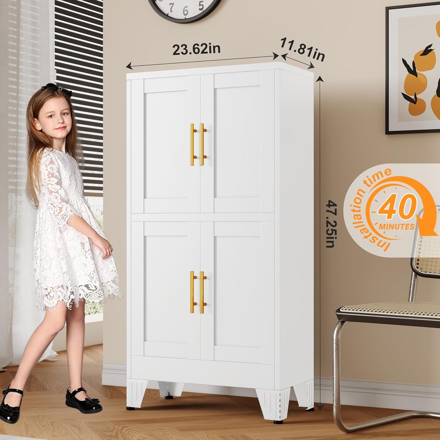 47.25" Metal Pantry Cabinet, Storage Cabinets with 4 Door and 2 Adjustable Shelves, White Bathroom Cabinet, Freestanding Cupboard for Kitchen Dining Living Room Bathroom