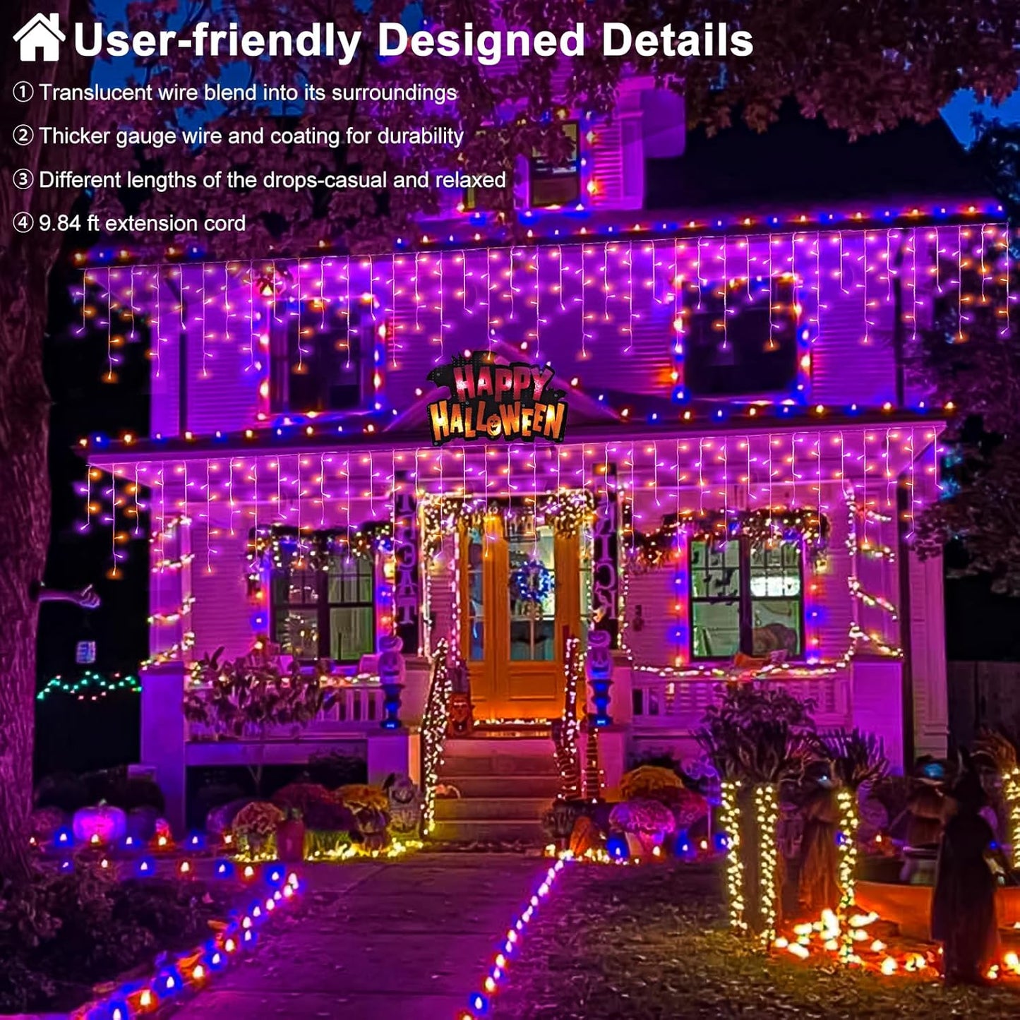 66ft Halloween Lights Outdoor, 640 LED Icicle Lights for Outside, Orange and Purple Twinkle Lights with Connectable Clear Wire 8 Modes Timer Waterproof for House Party Tree Holiday Yard Decorations