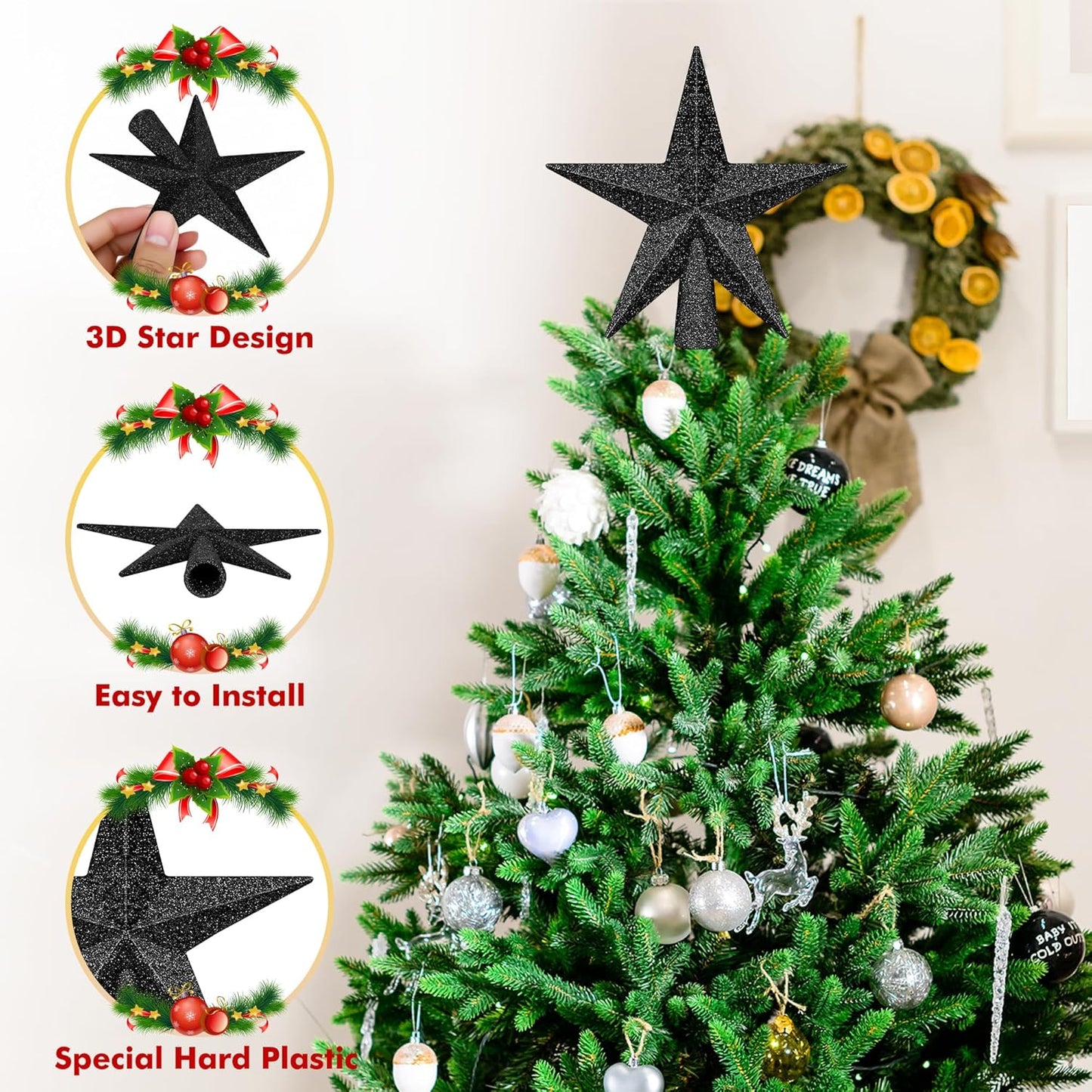 1PCS Christmas Star Tree Topper, 4" Black Christmas Tree Topper Decorations, 3D Glitter Shatterproof Mini Bethlehem Star Tree Decor, Waterproof Christmas Tree Topper for Holiday Indoor Ornament
