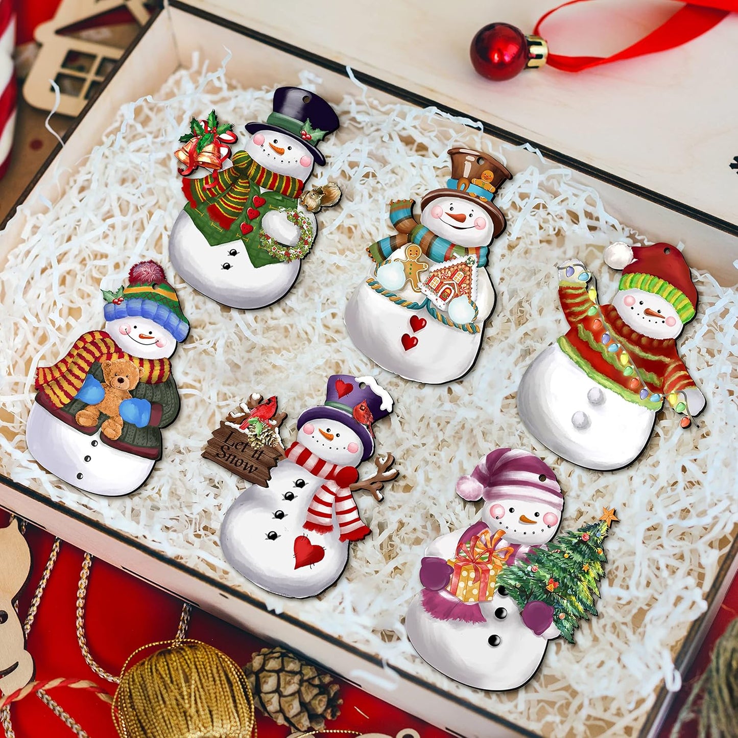 24 Pieces Christmas Snowman Wooden Ornaments Wood Hanging Decoration Set for Christmas Tree Hanging Wood Crafts Holiday Decor Xmas Party Supplies