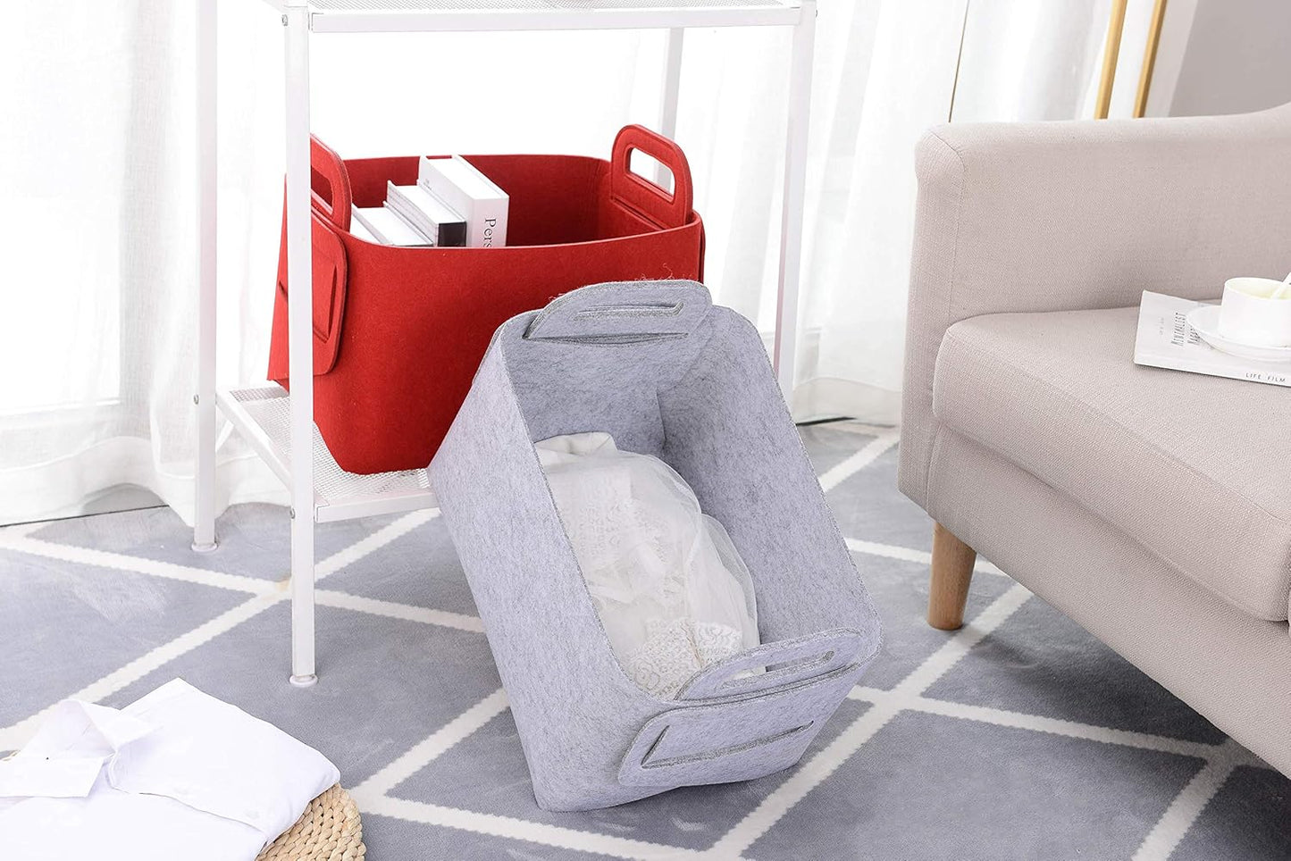 Minoisome Storage Basket Felt Storage Bin Collapsible& Convenient Box Organizer with Carry Handles for Office Bedroom Closet Babies Nursery Toys Laundry (Red, 17.9inch（L）×12.2inch（W）×11.6inch（H）)