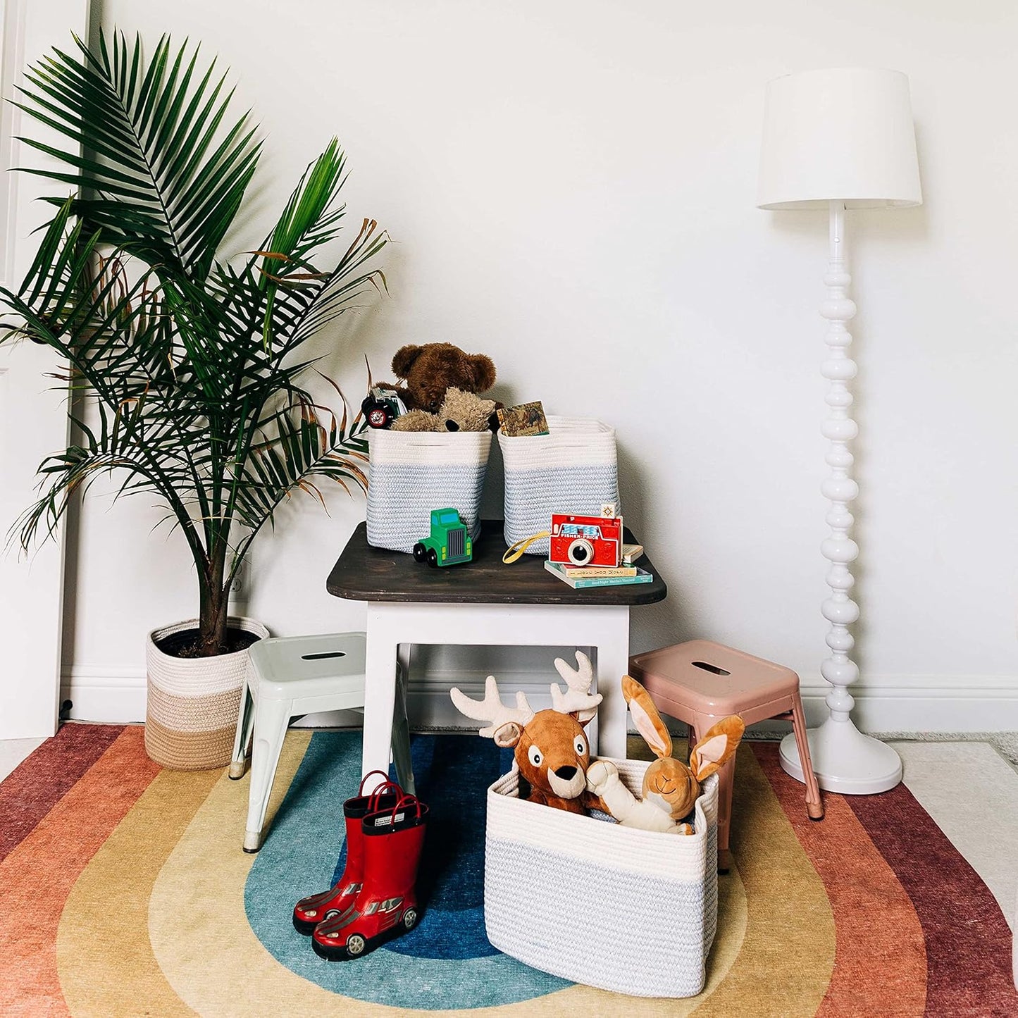 OrganiHaus Set of 3 Woven Storage Baskets for Organizing, Cotton Rope Organizer Bins for Shelves, Closet & Nursery, Dog Toy Basket, Decorative Bins for Toys, Towels & Books - 15x10x9, Blue/Off-White