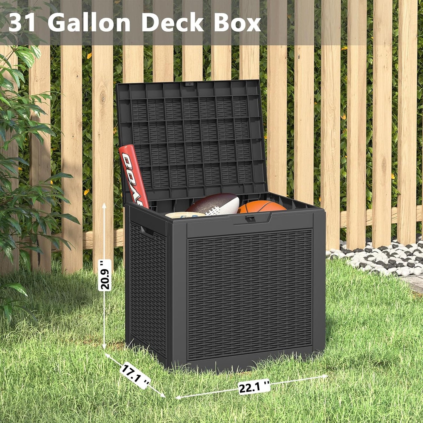 31 Gallon Deck Box, Resin Outdoor Storage Box, Waterproof and UV Resistant Deck Box, Lightweight Storage Box for Garden Tools, Pool Supplies