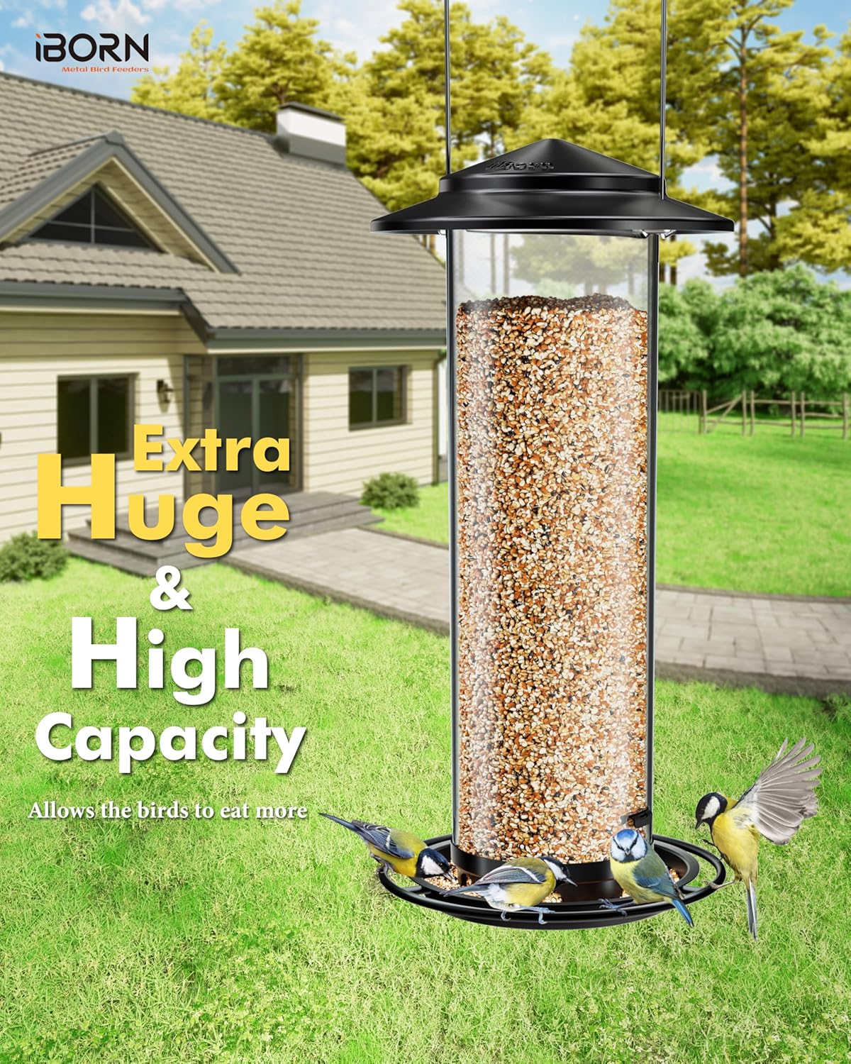 iBorn Metal Bird Feeder for Outside Hanging,Wild Bird Feeders for Cardinal,18cm Large Roof&Green,42CM Long,4.5lb High-Capacity(Seed is not Included)