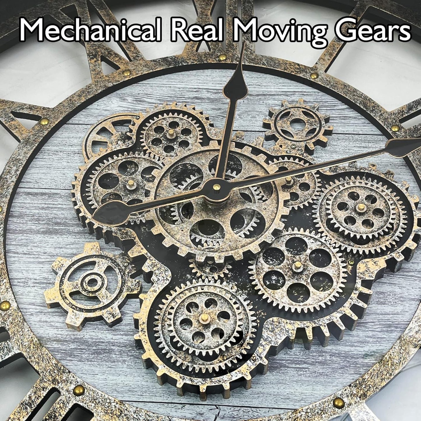 DORBOKER 24" Large Wall Clock with Moving Gears,Oversize Vintage Industrial Rustic Farmhouse Clocks for Living Room Decor Office Home,Solid Wood HD Tempered Glass Cover,Silver Grey