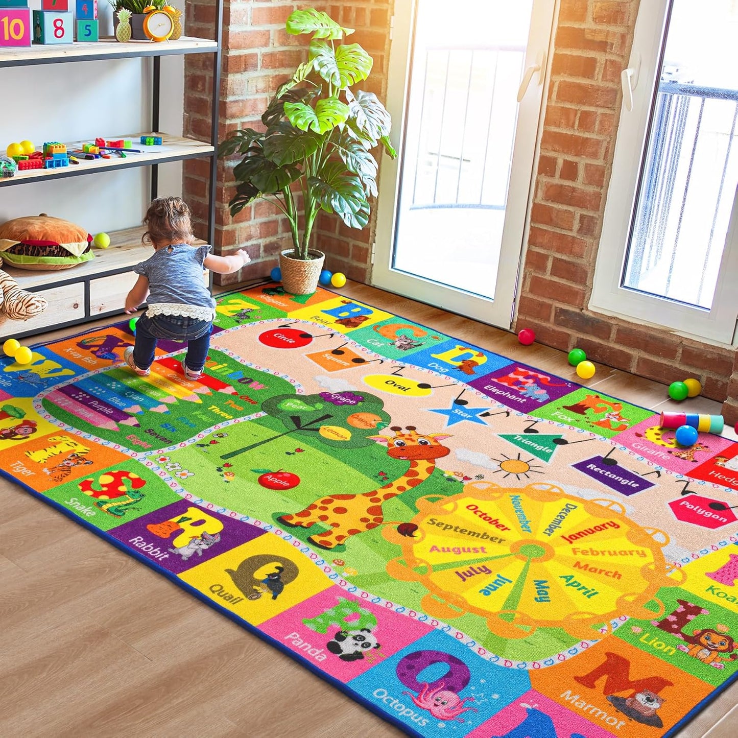 6x9 Playroom Rugs for Kids Washable, Educational and Fun Playmat with ABC Alphabet Animals Shapes Colors, Non-Slip Play Mat Learning Rugs for Baby Toddler Children Game Activity