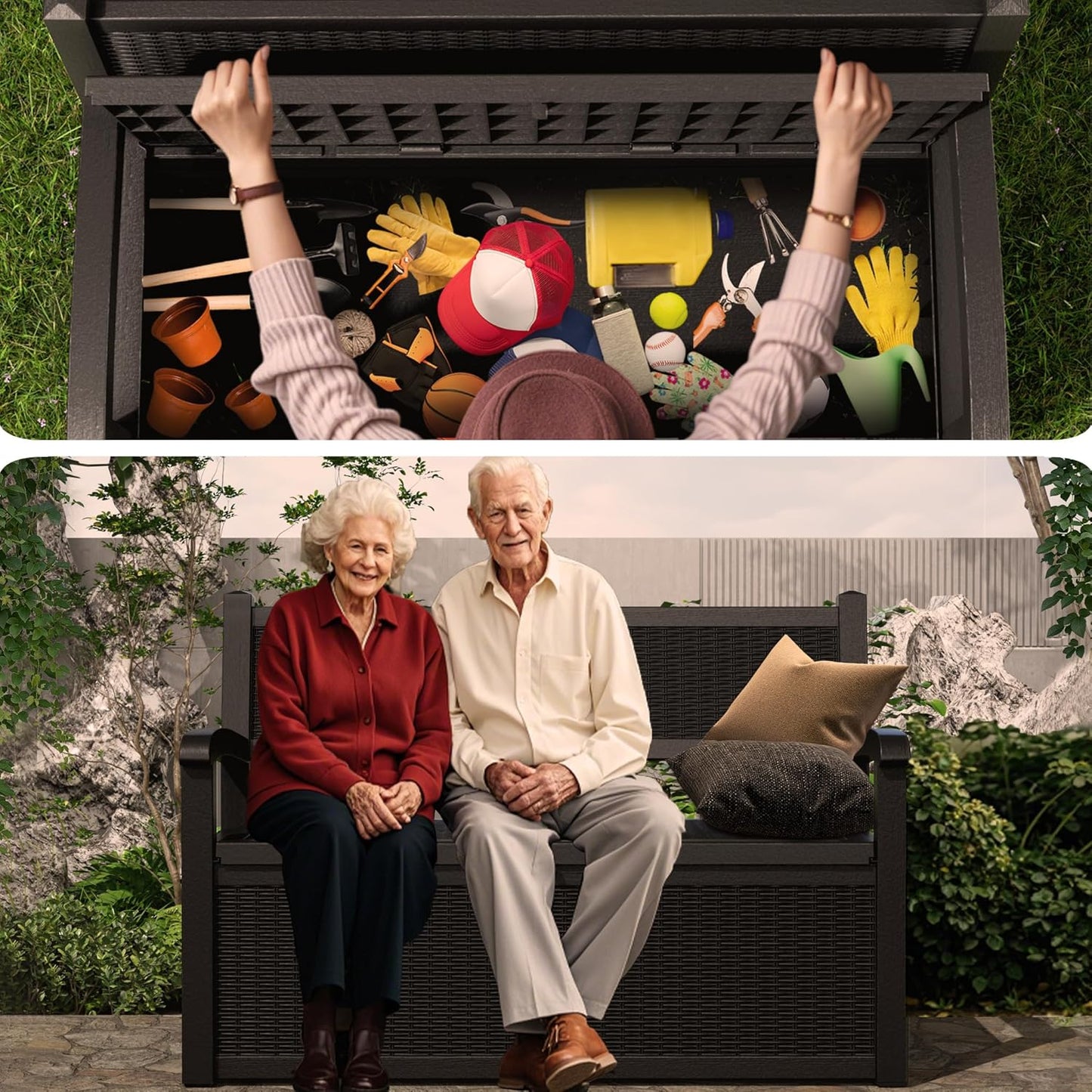 80 Gallon Storage Bench Waterproof and Lockable,Deck Box Outdoor Storage Furniture for Patio,Garden,and Porch – Perfect for Storing Garden Tools and Cushions(Black)