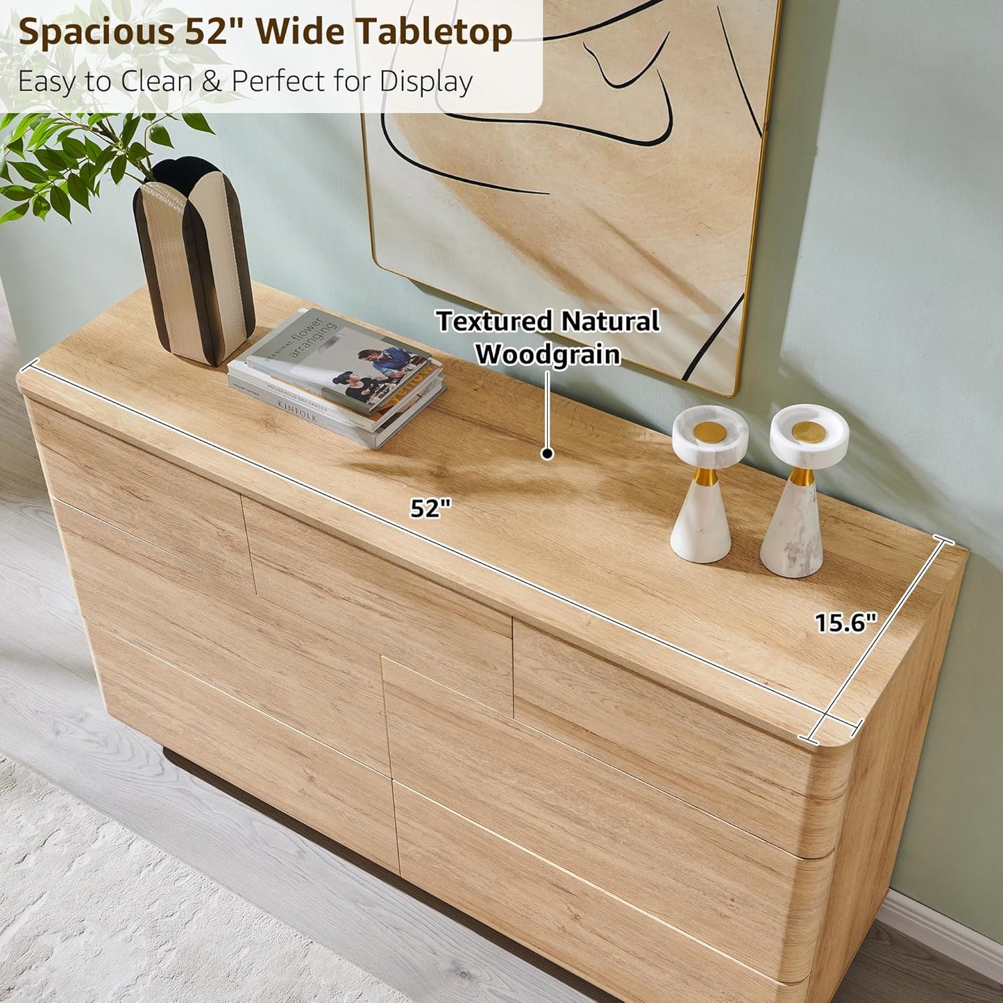 Modern 7 Drawer Dresser for Bedroom, 52" Wide Handleless Chest of Drawers, Large Push-to-Open Wood Storage w/Curved Profile, Dresser TV Stand for Bedroom, Living Room, Hallway, Natural Oak