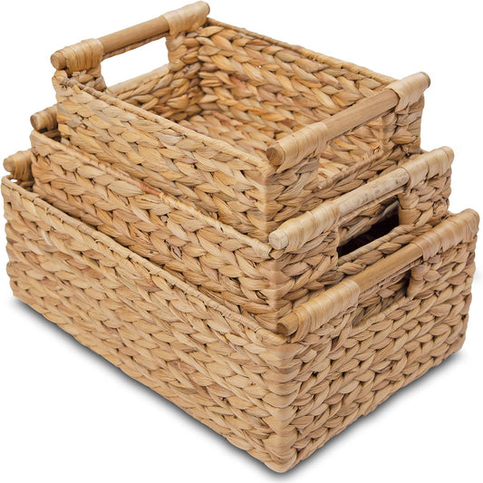 VATIMA Hyacinth Wicker Basket Set 3 size - Rectangular, Wooden Handles, Shelf Organizer, Natural Bins