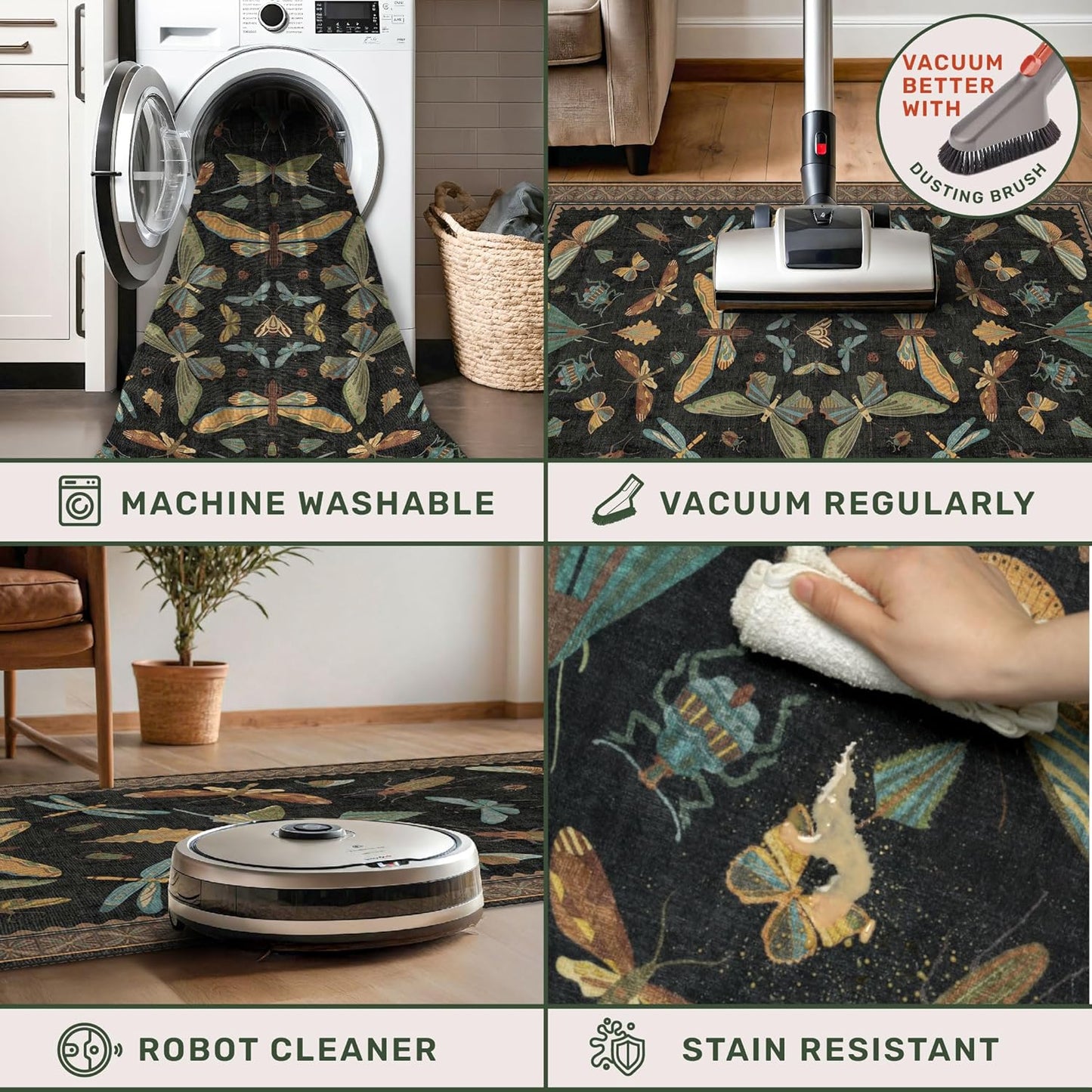 5x8 Black Rug for Bedroom - Boho Large Entryway Rug for Living Room, Under Small Dining Table, Dark Vintage Insect Witch Bug Decor, Washable Low Pile Waterproof Non Slip & Stain Resistance